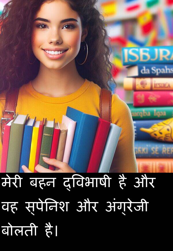 अंग्रेजी: मेरी बहन द्विभाषी है और वह स्पेनिश और अंग्रेजी बोलती है।