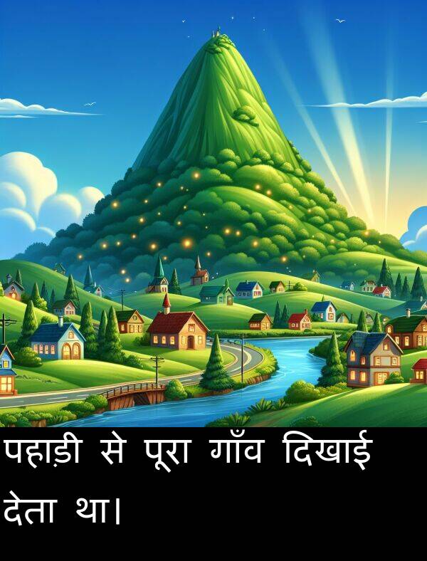 पहाड़ी: पहाड़ी से पूरा गाँव दिखाई देता था।