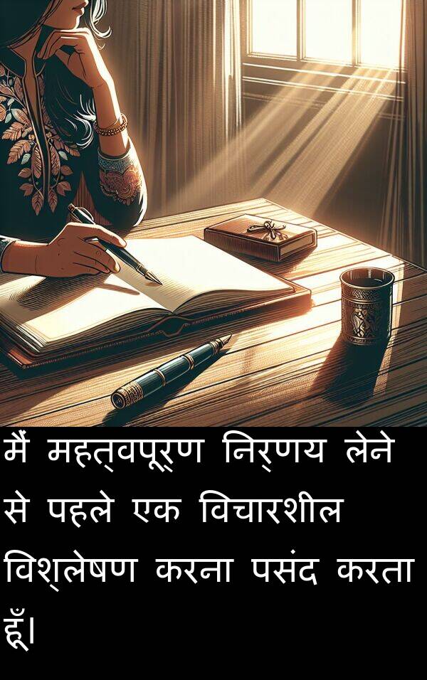 लेने: मैं महत्वपूर्ण निर्णय लेने से पहले एक विचारशील विश्लेषण करना पसंद करता हूँ।