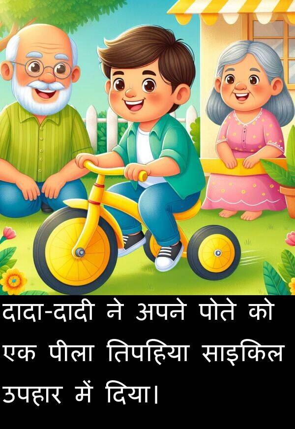 उपहार: दादा-दादी ने अपने पोते को एक पीला तिपहिया साइकिल उपहार में दिया।