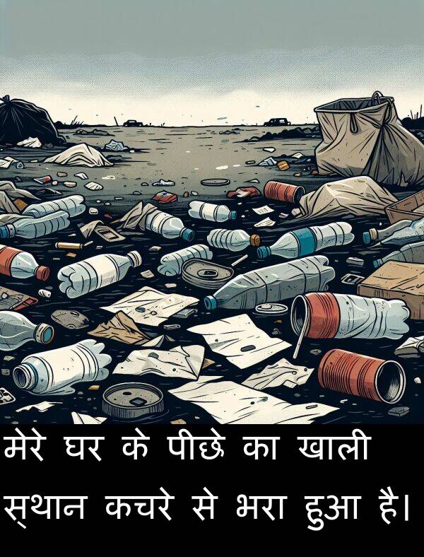 खाली: मेरे घर के पीछे का खाली स्थान कचरे से भरा हुआ है।