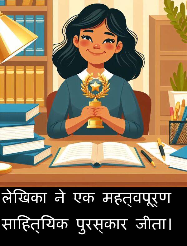 लेखिका: लेखिका ने एक महत्वपूर्ण साहित्यिक पुरस्कार जीता।