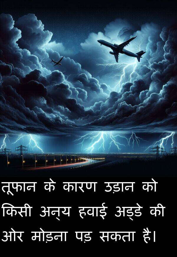 पड़: तूफान के कारण उड़ान को किसी अन्य हवाई अड्डे की ओर मोड़ना पड़ सकता है।