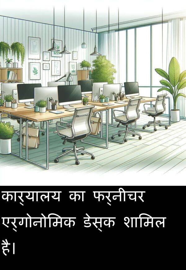 एर्गोनोमिक: कार्यालय का फर्नीचर एर्गोनोमिक डेस्क शामिल है।