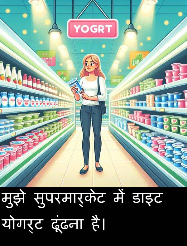 ढूंढना: मुझे सुपरमार्केट में डाइट योगर्ट ढूंढना है।