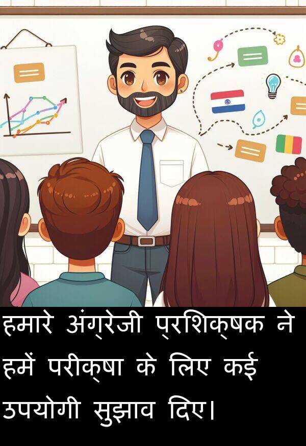 परीक्षा: हमारे अंग्रेजी प्रशिक्षक ने हमें परीक्षा के लिए कई उपयोगी सुझाव दिए।