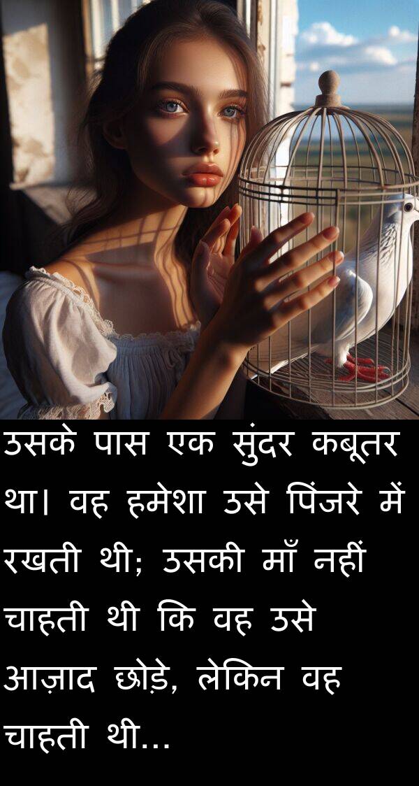 पिंजरे: उसके पास एक सुंदर कबूतर था। वह हमेशा उसे पिंजरे में रखती थी; उसकी माँ नहीं चाहती थी कि वह उसे आज़ाद छोड़े, लेकिन वह चाहती थी...