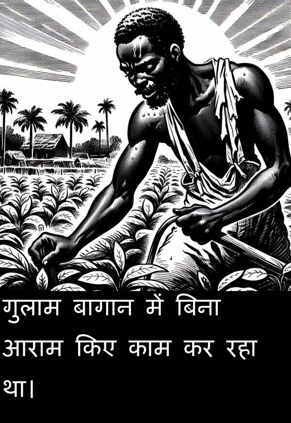 आराम: गुलाम बागान में बिना आराम किए काम कर रहा था।