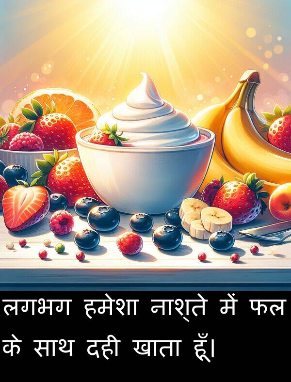 लगभग: लगभग हमेशा नाश्ते में फल के साथ दही खाता हूँ।