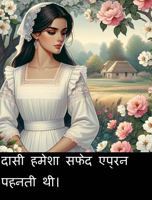 पहनती: दासी हमेशा सफेद एप्रन पहनती थी।