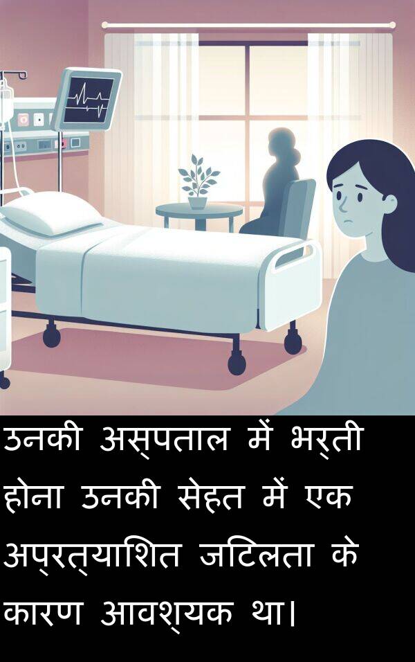 उनकी: उनकी अस्पताल में भर्ती होना उनकी सेहत में एक अप्रत्याशित जटिलता के कारण आवश्यक था।