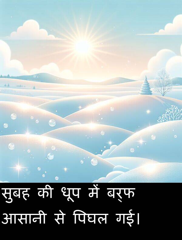 धूप: सुबह की धूप में बर्फ आसानी से पिघल गई।