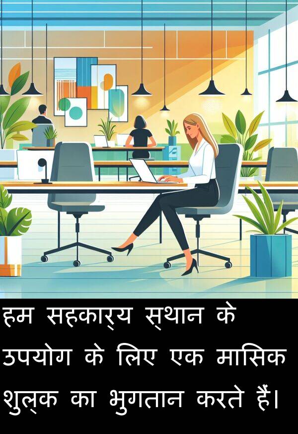 उपयोग: हम सहकार्य स्थान के उपयोग के लिए एक मासिक शुल्क का भुगतान करते हैं।