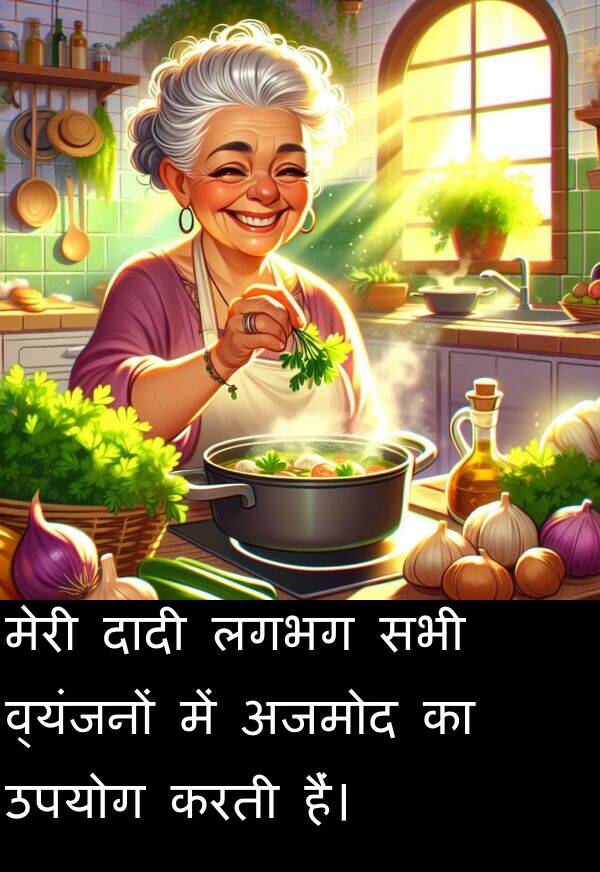 लगभग: मेरी दादी लगभग सभी व्यंजनों में अजमोद का उपयोग करती हैं।