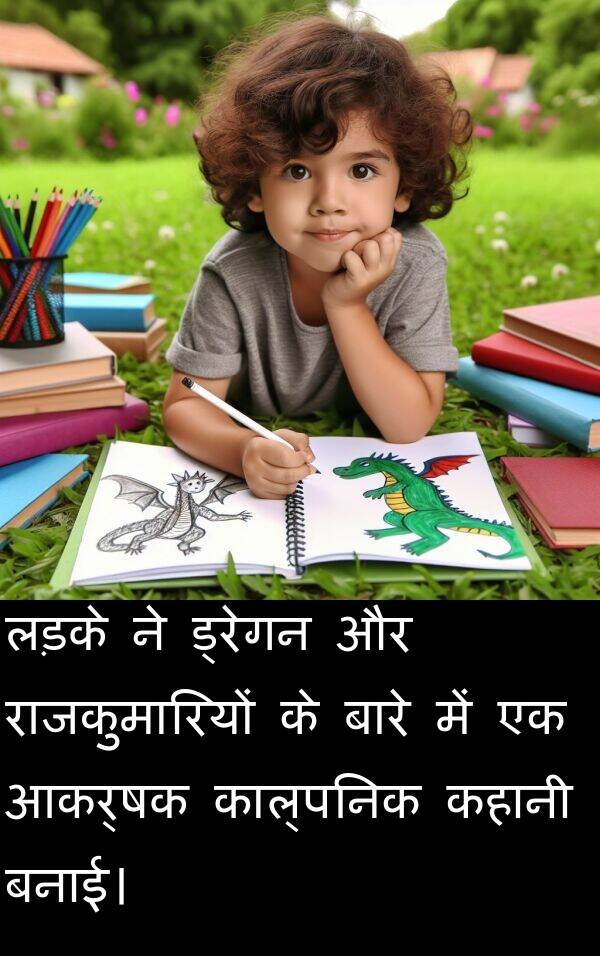 लड़के: लड़के ने ड्रेगन और राजकुमारियों के बारे में एक आकर्षक काल्पनिक कहानी बनाई।