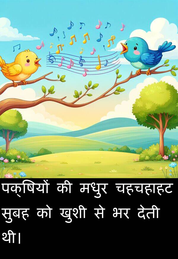 पक्षियों: पक्षियों की मधुर चहचहाहट सुबह को खुशी से भर देती थी।