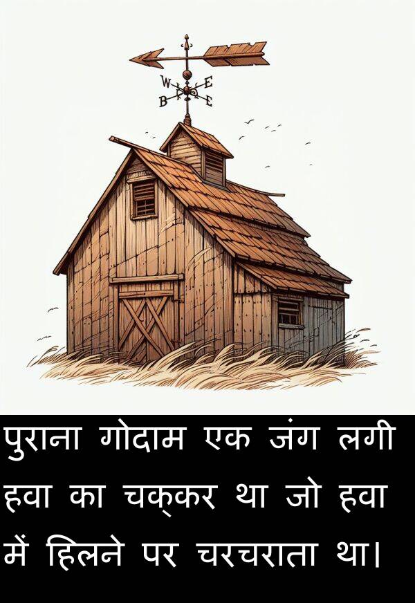 लगी: पुराना गोदाम एक जंग लगी हवा का चक्कर था जो हवा में हिलने पर चरचराता था।