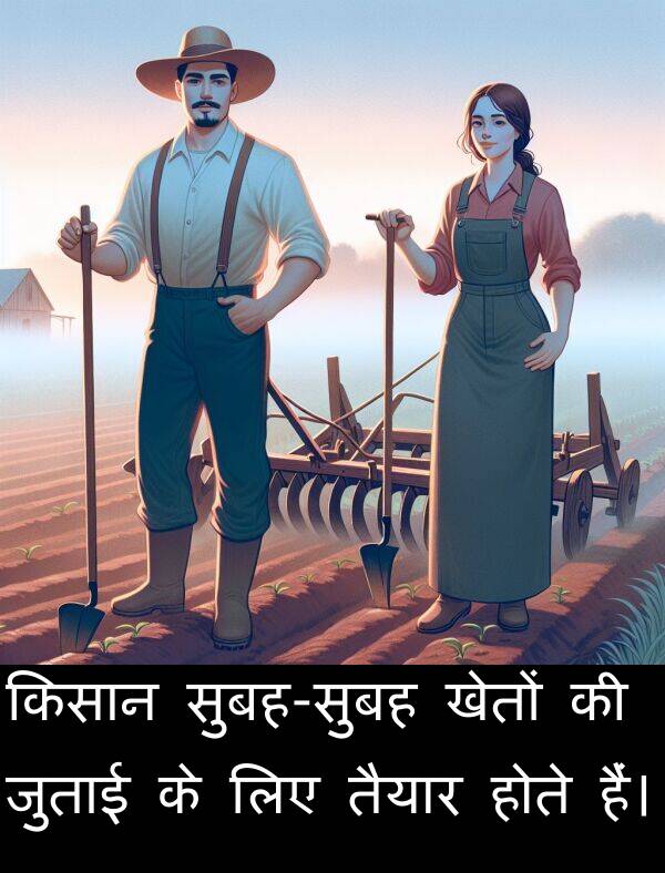 खेतों: किसान सुबह-सुबह खेतों की जुताई के लिए तैयार होते हैं।