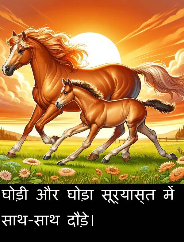 सूर्यास्त: घोड़ी और घोड़ा सूर्यास्त में साथ-साथ दौड़े।