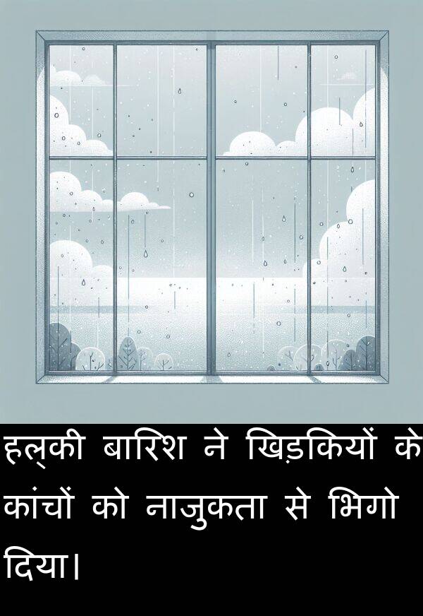 खिड़कियों: हल्की बारिश ने खिड़कियों के कांचों को नाजुकता से भिगो दिया।