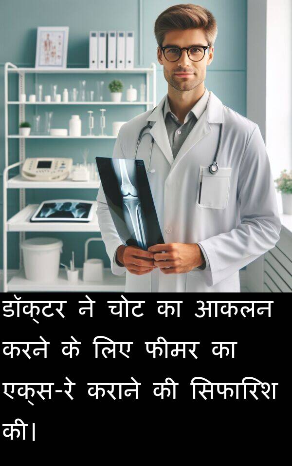 चोट: डॉक्टर ने चोट का आकलन करने के लिए फीमर का एक्स-रे कराने की सिफारिश की।