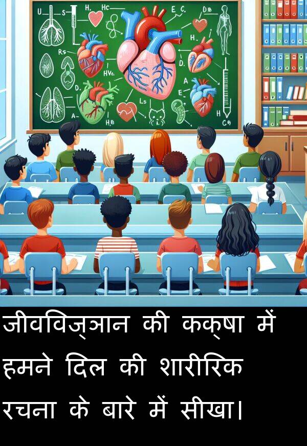 रचना: जीवविज्ञान की कक्षा में हमने दिल की शारीरिक रचना के बारे में सीखा।