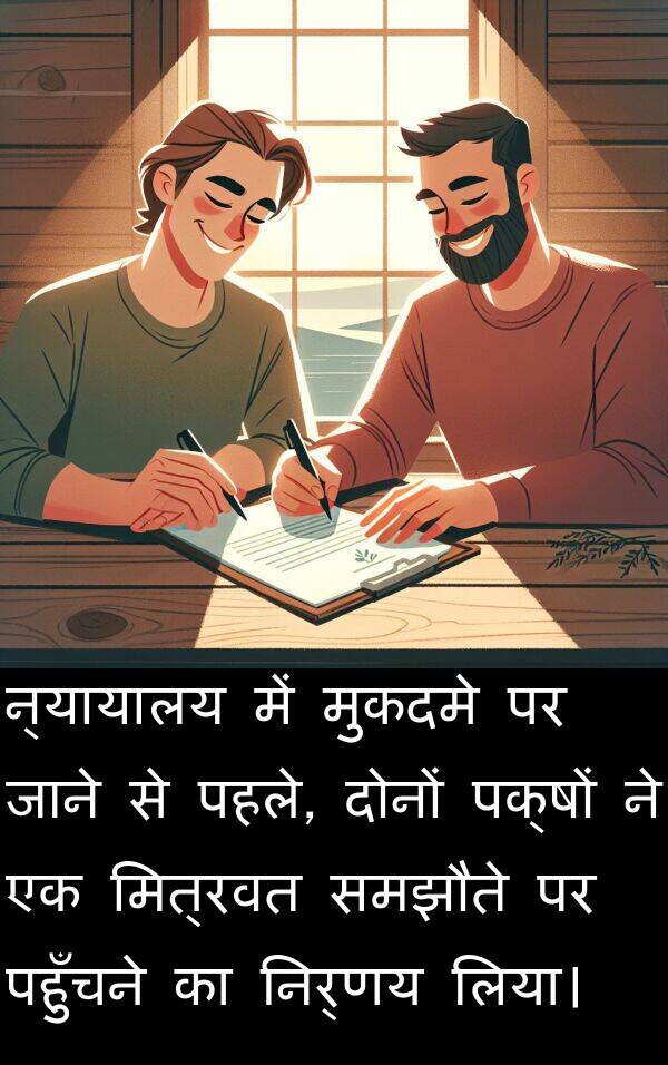 पहुँचने: न्यायालय में मुकदमे पर जाने से पहले, दोनों पक्षों ने एक मित्रवत समझौते पर पहुँचने का निर्णय लिया।