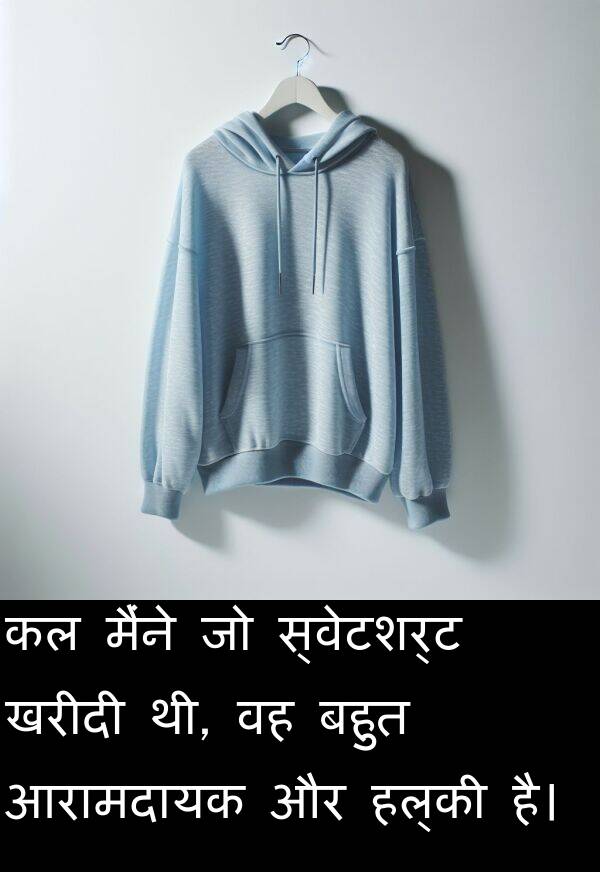 खरीदी: कल मैंने जो स्वेटशर्ट खरीदी थी, वह बहुत आरामदायक और हल्की है।
