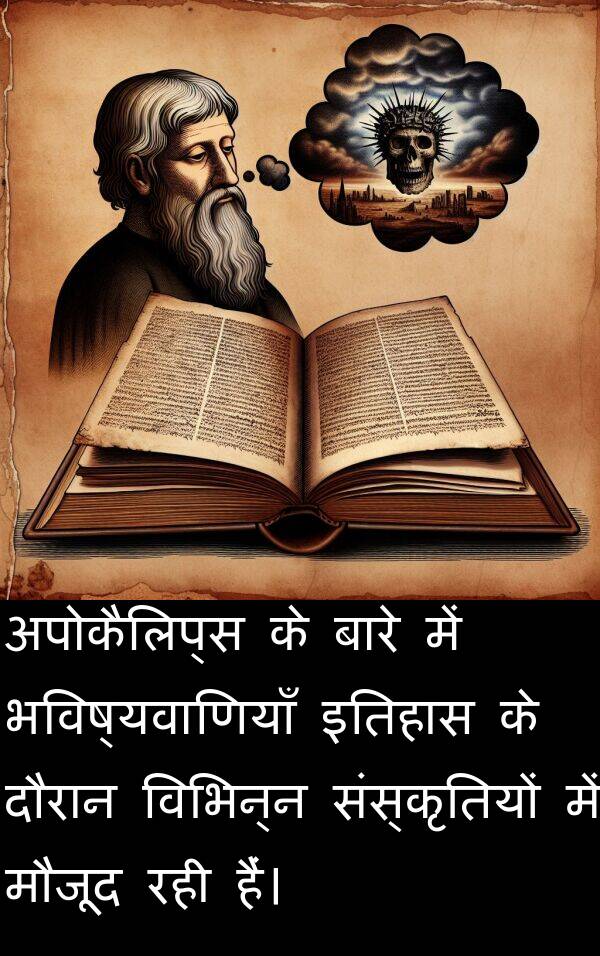 विभिन्न: अपोकैलिप्स के बारे में भविष्यवाणियाँ इतिहास के दौरान विभिन्न संस्कृतियों में मौजूद रही हैं।