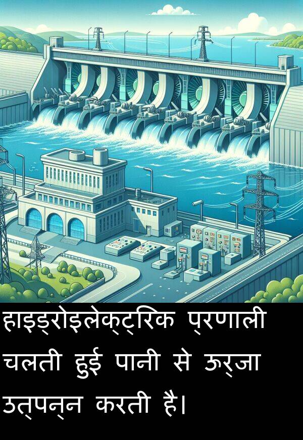 उत्पन्न: हाइड्रोइलेक्ट्रिक प्रणाली चलती हुई पानी से ऊर्जा उत्पन्न करती है।
