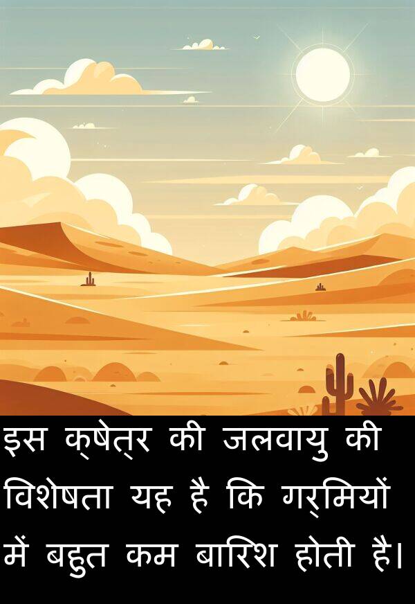 गर्मियों: इस क्षेत्र की जलवायु की विशेषता यह है कि गर्मियों में बहुत कम बारिश होती है।