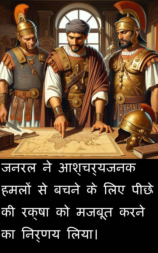 बचने: जनरल ने आश्चर्यजनक हमलों से बचने के लिए पीछे की रक्षा को मजबूत करने का निर्णय लिया।