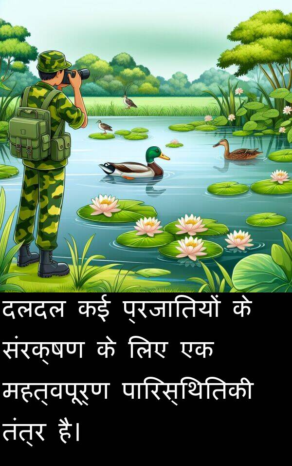 तंत्र: दलदल कई प्रजातियों के संरक्षण के लिए एक महत्वपूर्ण पारिस्थितिकी तंत्र है।