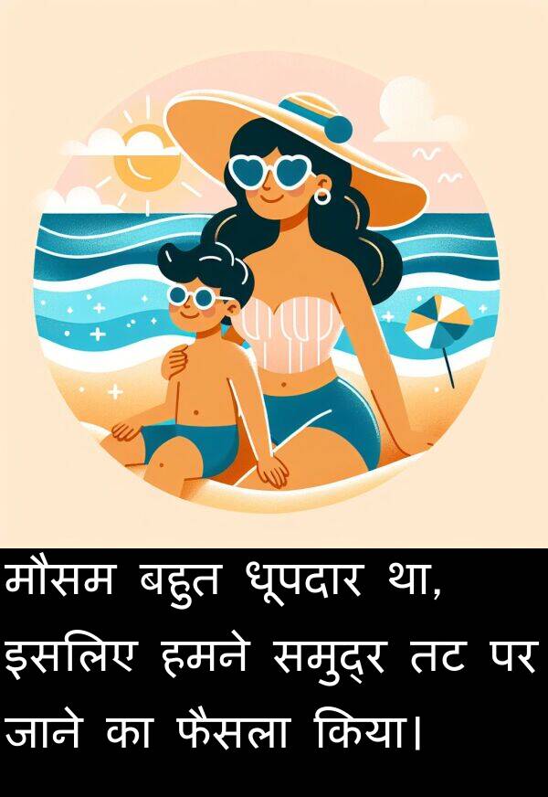 धूपदार: मौसम बहुत धूपदार था, इसलिए हमने समुद्र तट पर जाने का फैसला किया।