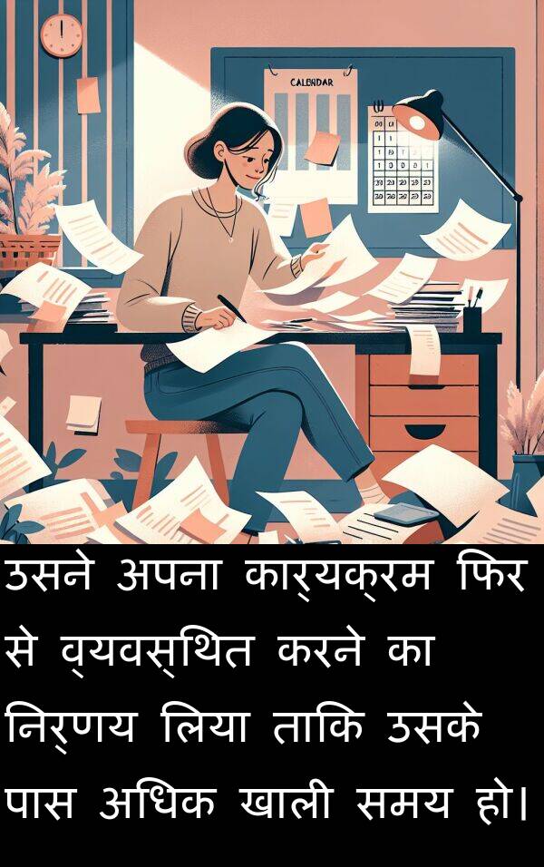 लिया: उसने अपना कार्यक्रम फिर से व्यवस्थित करने का निर्णय लिया ताकि उसके पास अधिक खाली समय हो।