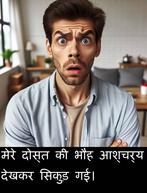 आश्चर्य: मेरे दोस्त की भौंह आश्चर्य देखकर सिकुड़ गई।