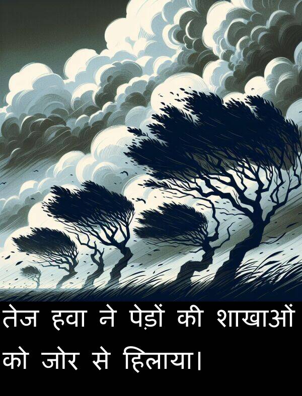 हिलाया।: तेज हवा ने पेड़ों की शाखाओं को जोर से हिलाया।