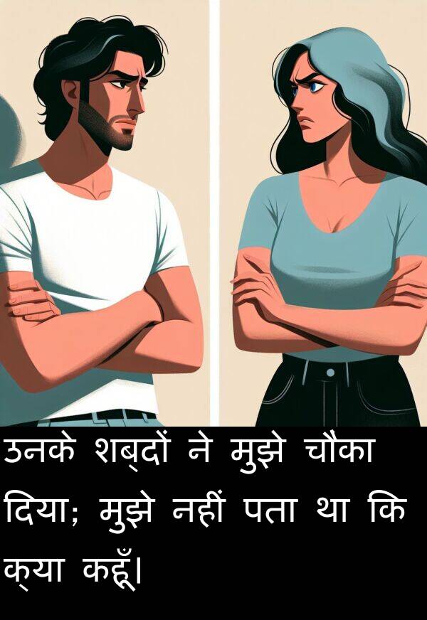 पता: उनके शब्दों ने मुझे चौंका दिया; मुझे नहीं पता था कि क्या कहूँ।