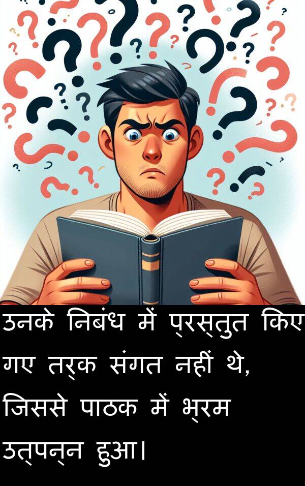 उत्पन्न: उनके निबंध में प्रस्तुत किए गए तर्क संगत नहीं थे, जिससे पाठक में भ्रम उत्पन्न हुआ।