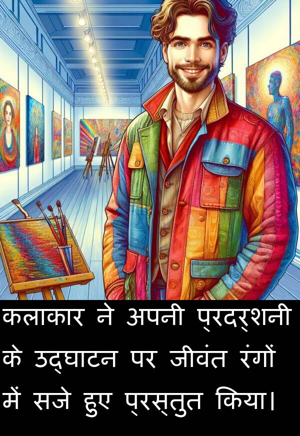 उद्घाटन: कलाकार ने अपनी प्रदर्शनी के उद्घाटन पर जीवंत रंगों में सजे हुए प्रस्तुत किया।