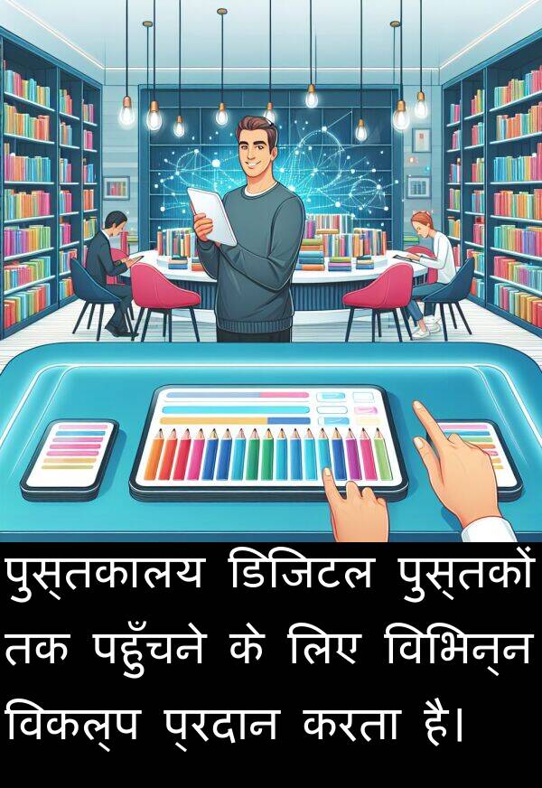 पहुँचने: पुस्तकालय डिजिटल पुस्तकों तक पहुँचने के लिए विभिन्न विकल्प प्रदान करता है।