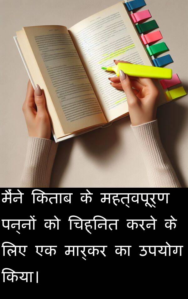 पन्नों: मैंने किताब के महत्वपूर्ण पन्नों को चिह्नित करने के लिए एक मार्कर का उपयोग किया।