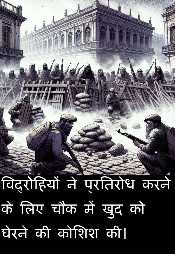 खुद: विद्रोहियों ने प्रतिरोध करने के लिए चौक में खुद को घेरने की कोशिश की।