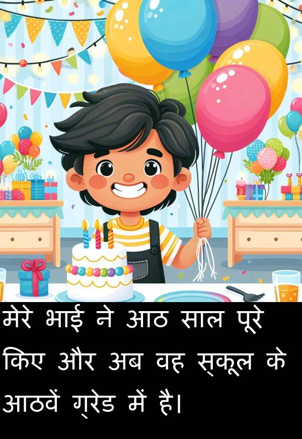 भाई: मेरे भाई ने आठ साल पूरे किए और अब वह स्कूल के आठवें ग्रेड में है।