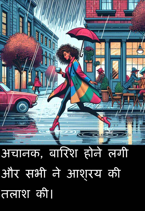 लगी: अचानक, बारिश होने लगी और सभी ने आश्रय की तलाश की।