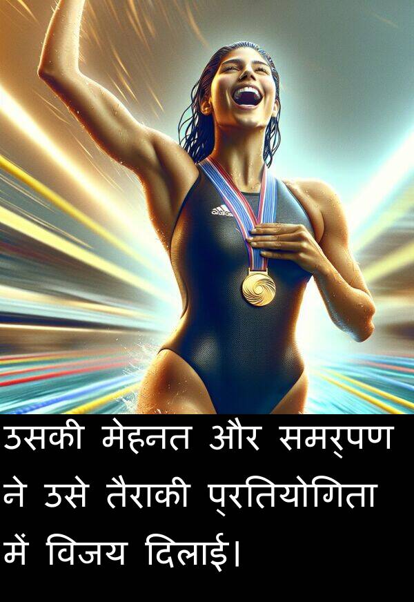 विजय: उसकी मेहनत और समर्पण ने उसे तैराकी प्रतियोगिता में विजय दिलाई।