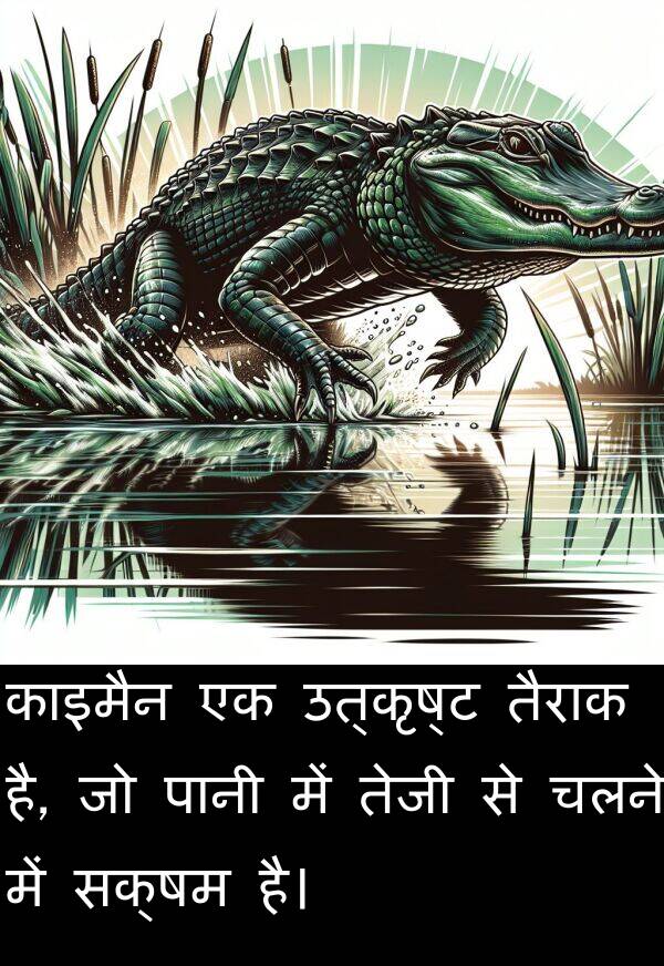 उत्कृष्ट: काइमैन एक उत्कृष्ट तैराक है, जो पानी में तेजी से चलने में सक्षम है।