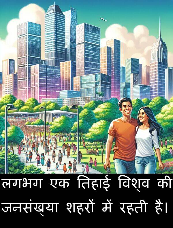 लगभग: लगभग एक तिहाई विश्व की जनसंख्या शहरों में रहती है।