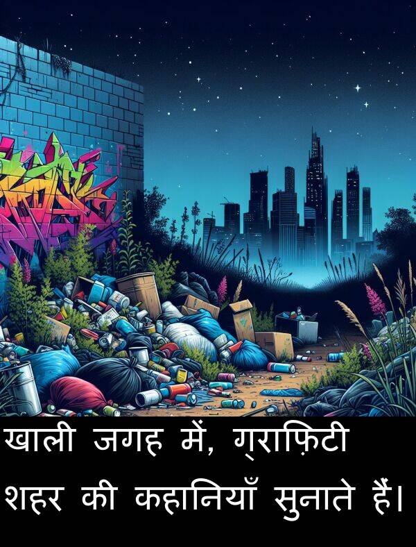 खाली: खाली जगह में, ग्राफ़िटी शहर की कहानियाँ सुनाते हैं।