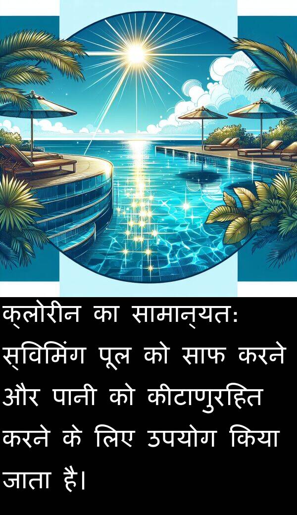 पूल: क्लोरीन का सामान्यत: स्विमिंग पूल को साफ करने और पानी को कीटाणुरहित करने के लिए उपयोग किया जाता है।